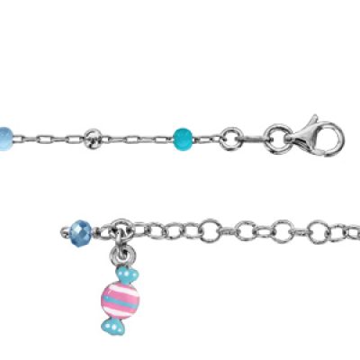 Bracelet enfant en argent rhodié chaîne avec perles bleues et 1 pampille bonbon bleu ciel et rose - longueur 13cm + 3cm de rallonge
