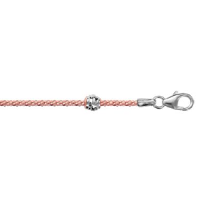 Bracelet en argent et dorure rose chaîne maille pop-corn avec boules facetées à intervalles réguliers - longueur 16cm + 3cm de rallonge
