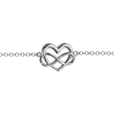 Bracelet en argent rhodié chaîne avec au milieu 1 coeur et 1 symbole infini entremêlés - longueur 16cm + 3cm de rallonge