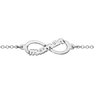 Bracelet en argent rhodié chaîne avec au milieu symbole infini avec découpe "maman" au centre - longueur 16cm + 3cm de rallonge