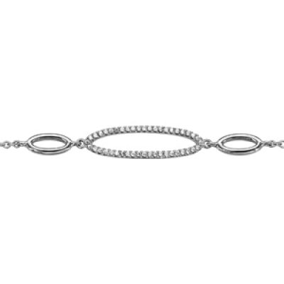 Bracelet en argent rhodié chaîne avec 3 anneaux allongés dont 2 lisses et 1 orné d'oxydes blancs au milieu - longueur 16xm + 2cm de rallonge