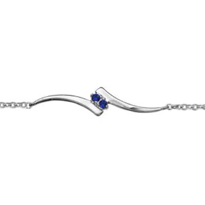 Bracelet en argent rhodié collection joaillerie chaîne avec au milieu 2 virgules lisses qui se rejoignent et 2 oxydes bleus au milieu - longueur 16cm + 2cm de rallonge
