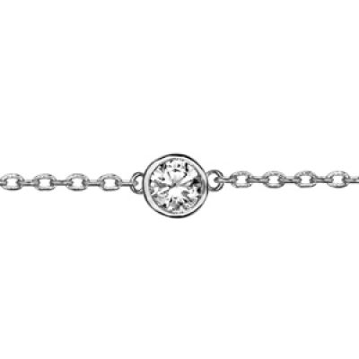 Bracelet en argent rhodié chaîne avec au milieu 1 oxyde blanc de 5mm serti clos - longueur 18cm réglable 16cm