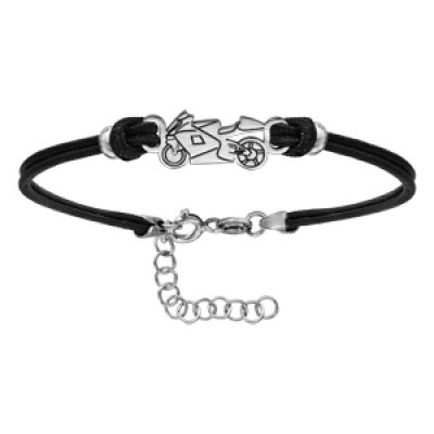 Bracelet en argent rhodié cordon doublé noir interchangeable avec moto de course au milieu - longueur 14cm + 3cm de rallonge
