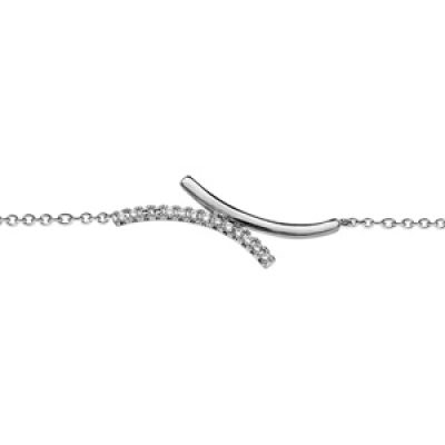 Bracelet en argent rhodié chaîne avec au milieu 2 courbes collées dont 1 lisse et l'autre ornée d'oxydes blancs - longueur 16cm + 2cm de rallonge