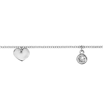 Bracelet en argent rhodié chaîne avec pampilles 2 coeurs et 1 oxyde blanc serti clos 16cm + 3cm