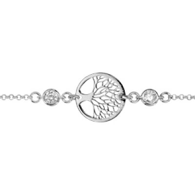 Bracelet en argent rhodié chaîne avec au milieu 1 arbre de vie ajouré et 1 oxyde blanc sertis clos de chaque côté - longueur 16cm + 3cm de rallonge