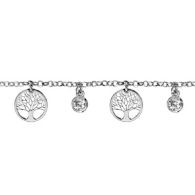 Bracelet en argent rhodié chaîne avec 3 pampilles arbre de vie ajouré et 2 oxydes blancs sertis clos - longueur 16cm + 3cm de rallonge