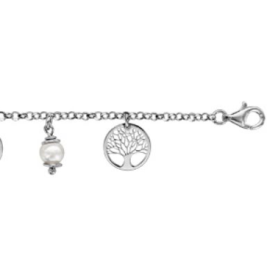 Bracelet en argent rhodié chaîne avec 5 pampilles arbre de vie ajouré et 4 perles synthétiques blanches 16cm + 3cm