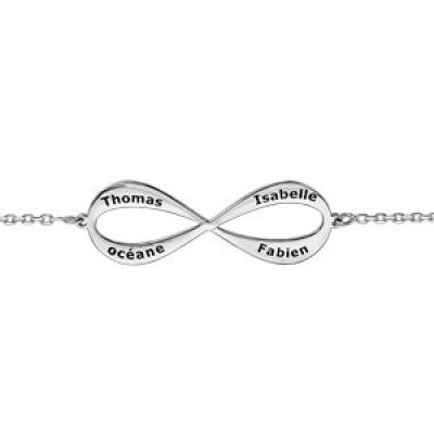 Bracelet en argent rhodié chaîne avec infini à graver 3 ou 4 prénoms - longueur 16cm + 3cm de rallonge