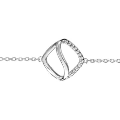 Bracelet en argent rhodié chaîne avec au milieu 1 carré arrondi évidé avec séparation ondulée au milieu et 1 moitié lisse et l'autre ornée d'oxydes blancs sertis - longueur 16cm + 2cm de rallonge