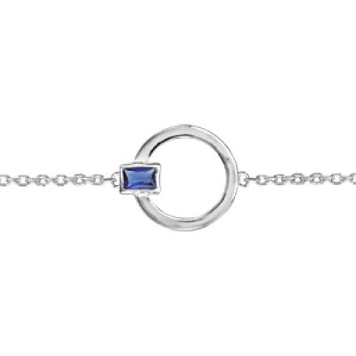 Bracelet en argent rhodié chaîne avec au milieu 1 anneau avec élément rectangulaire orné d'1 oxyde bleu foncé - longueur 16cm + 2cm de rallonge