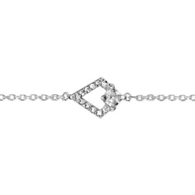 Bracelet en argent rhodié chaîne avec au milieu 1 losange en rail d'oxydes blancs sertis avec 1 oxyde carré plus gros en haut - longueur 16cm + 2cm de rallonge