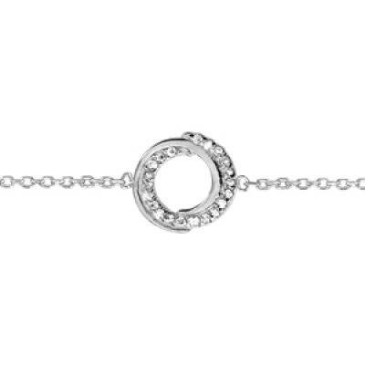 Bracelet en argent rhodié chaîne avec au milieu 1 cercle en 2 brins enroulés dont 1 lisse et l'autre orné d'oxydes blancs sertis - longueur 16cm + 2cm de rallonge