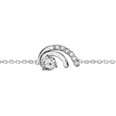 Bracelet en argent rhodié chaîne avec au milieu 2 virgules dont 1 ornée d'oxydes blancs sertis et avec 1 gros oxyde blanc serti dans la courbe - longueur 16cm + 2cm de rallonge