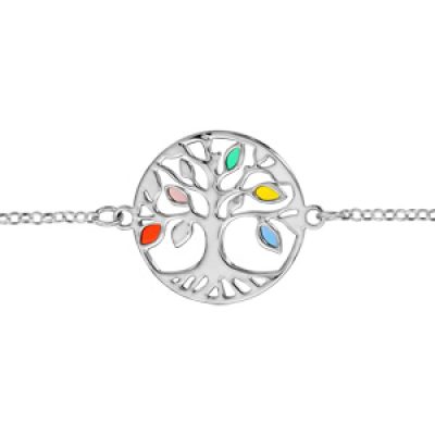 Bracelet en argent rhodié chaîne avec arbre de vie ajouré et feuilles multicolores - longueur 16cm + 3cm de rallonge