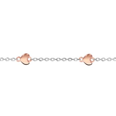 Bracelet en argent rhodié chaînes alternée de coeurs dorés rose - longueur 16cm + 3cm de rallonge