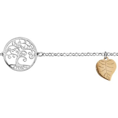 Bracelet en argent rhodié chaîne avec arbre de vie ajouré au milieu et 2 pampilles feuilles dorées jaune - longueur 16cm + 3cm de rallonge