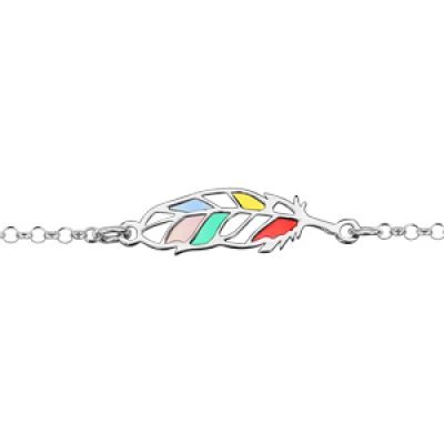 Bracelet en argent rhodié chaîne avec au milieu plume multicolore et ajourée - longueur 16cm + 3cm de rallonge