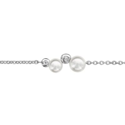 Bracelet en argent rhodié chaîne avec au milieu 2 éclats d'oxydes blancs sertis clos et 2 perles blanches synthétiques - longueur 16cm + 3cm de rallonge