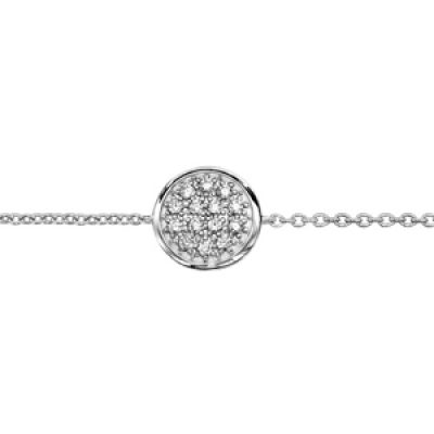 Bracelet en argent rhodié chaîne avec au milieu 1 rond pavé d'oxydes blancs sertis et bord lisse - longueur 16cm + 3cm de rallonge