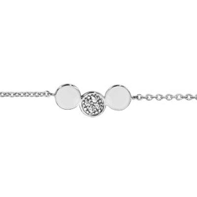 Bracelet en argent rhodié chaîne avec au milieu 3 ronds pavés d'oxydes blancs sertis - longueur 16cm + 3cm  de rallonge
