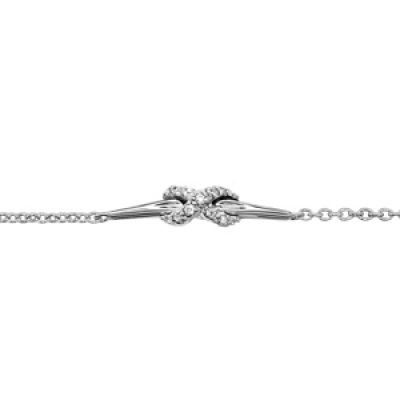 Bracelet en argent rhodié chaîne avec au milieu noeud orné d'oxydes blancs sertis emmaillé sur 1 brin lisse - longueur 16cm + 3cm de rallonge