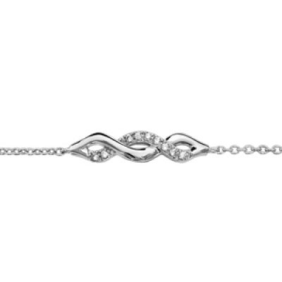 Bracelet en argent rhodié chaîne avec au milieu 1 torsade faite avec 1 brin lisse et 1 rail d'oxydes blancs sertis - longueur 16cm + 3cm de rallonge