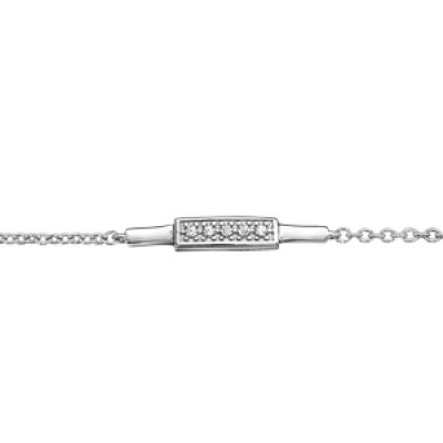 Bracelet en argent rhodié chaîne avec au milieu 1 bande lisse avec rectangle pavé d'oxydes blancs sertis - longueur 16cm + 3cm de rallonge