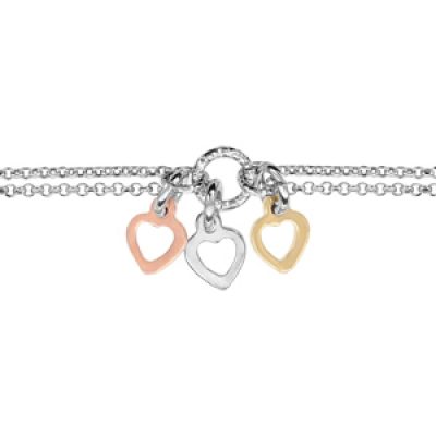 Bracelet en argent rhodié chaîne doublée avec au milieu 1 anneau avec 3 pampilles coeurs