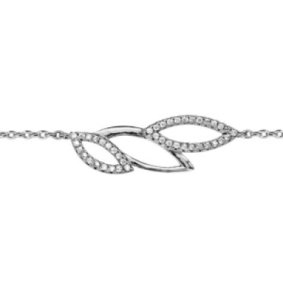 Bracelet en argent rhodié chaîne avec feuillage ajouré et oxydes blancs sertis 16cm + 2cm