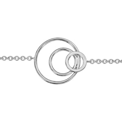 Bracelet en argent rhodié chaîne avec 3 anneaux de taille différente au milieu - longueur 16cm + 3cm de rallonge
