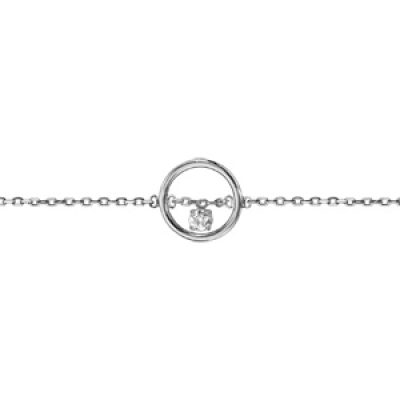 Bracelet en argent rhodié chaîne avec cercle et 1 oxyde blanc serti suspendu 16cm + 2cm