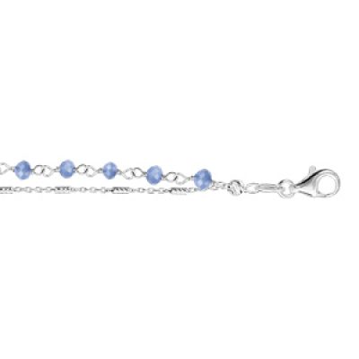 Bracelet en argent rhodié double chaîne perles bleues 16cm + 3cm
