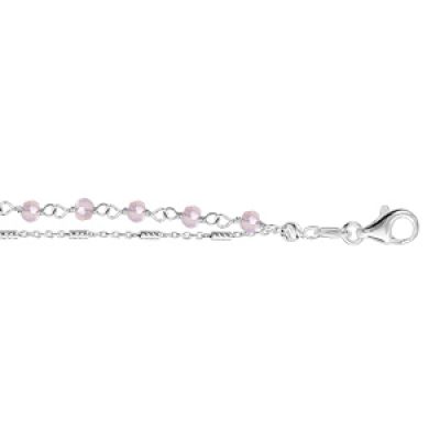 Bracelet en argent rhodié double chaîne perles rose clair 16cm + 3cm