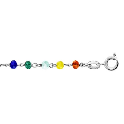 Bracelet en argent rhodié boules perles de verre facettées multicolores 15cm + 3cm