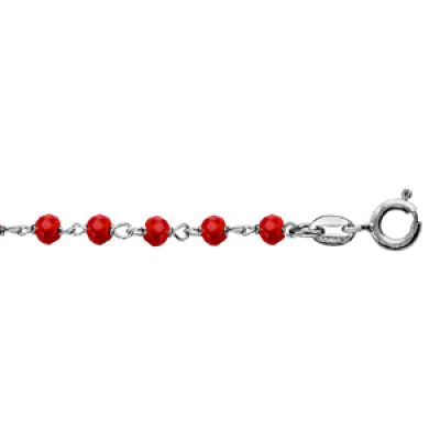 Bracelet en argent rhodié boules perles de verre facettées rouges 15cm + 3cm