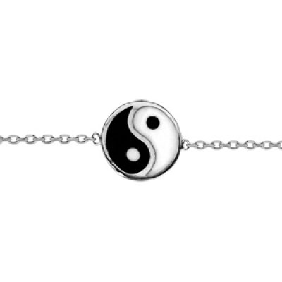 Bracelet en argent rhodié chaîne avec médaillon yin yang noire et blanc 15