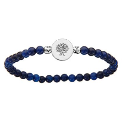 Bracelet elastique perles de verre bleues pastille argent rhodié arbre de vie