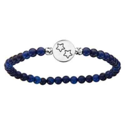 Bracelet elastique perles de verre bleues pastille argent rhodié gravure 2 etoiles