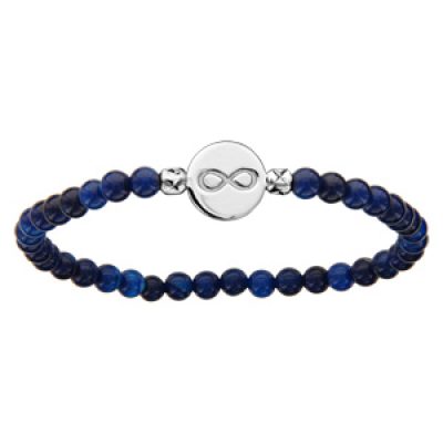 Bracelet elastique perles de verre bleues pastille argent rhodié gravure infini