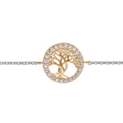 Bracelet en argent rhodié chaîne avec pastille arbre de vie dorure jaune orné d'oxydes blancs sertis longueur 16+2cm