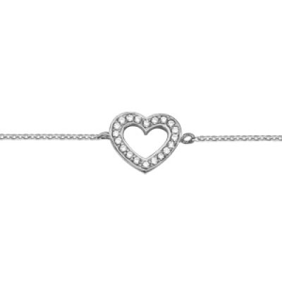 Bracelet en argent rhodié chaîne avec coeur ajouré orné d'oxydes blancs sertis 16+2cm