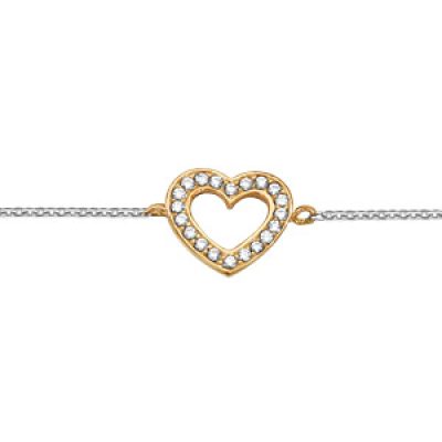 Bracelet en argent rhodié chaîne avec coeur ajouré dorure jaune orné d'oxydes blancs 16+2cm
