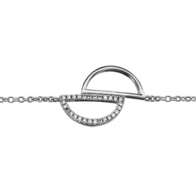 Bracelet en argent rhodié chaîne avec 2 demi cercles évidés dont 1 orné d'oxydes blancs sertis longueur 16+2cm