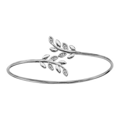Bracelet jonc en argent rhodié avec feuilles lisses et ornées d'oxydes blancs