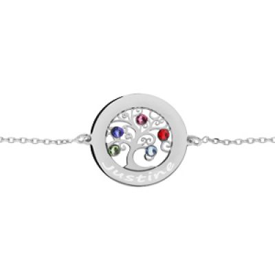Bracelet en argent rhodié chaîne avec médaillon prénoms à graver motif arbre de vie multicouleurs  30mm 16+3cm