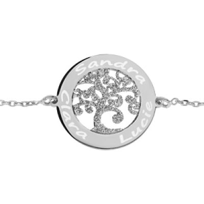 Bracelet en argent rhodié chaîne avec médaillon prénoms à graver motif arbre de vie granité 20mm 16+3cm