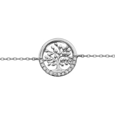 Bracelet en argent rhodié chaîne avec arbre de vie et demi cercle d'oxydes blancs sertis 16+3cm