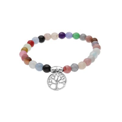 Bracelet extensible en argent rhodié avec pierres naturelles Agate multicolore et pastille arbre de vie